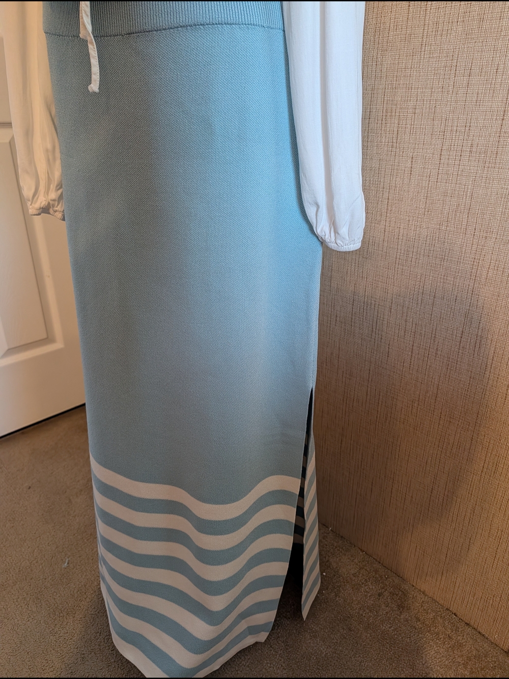 Light Blue Maxi Skirt with White Stripe Hem